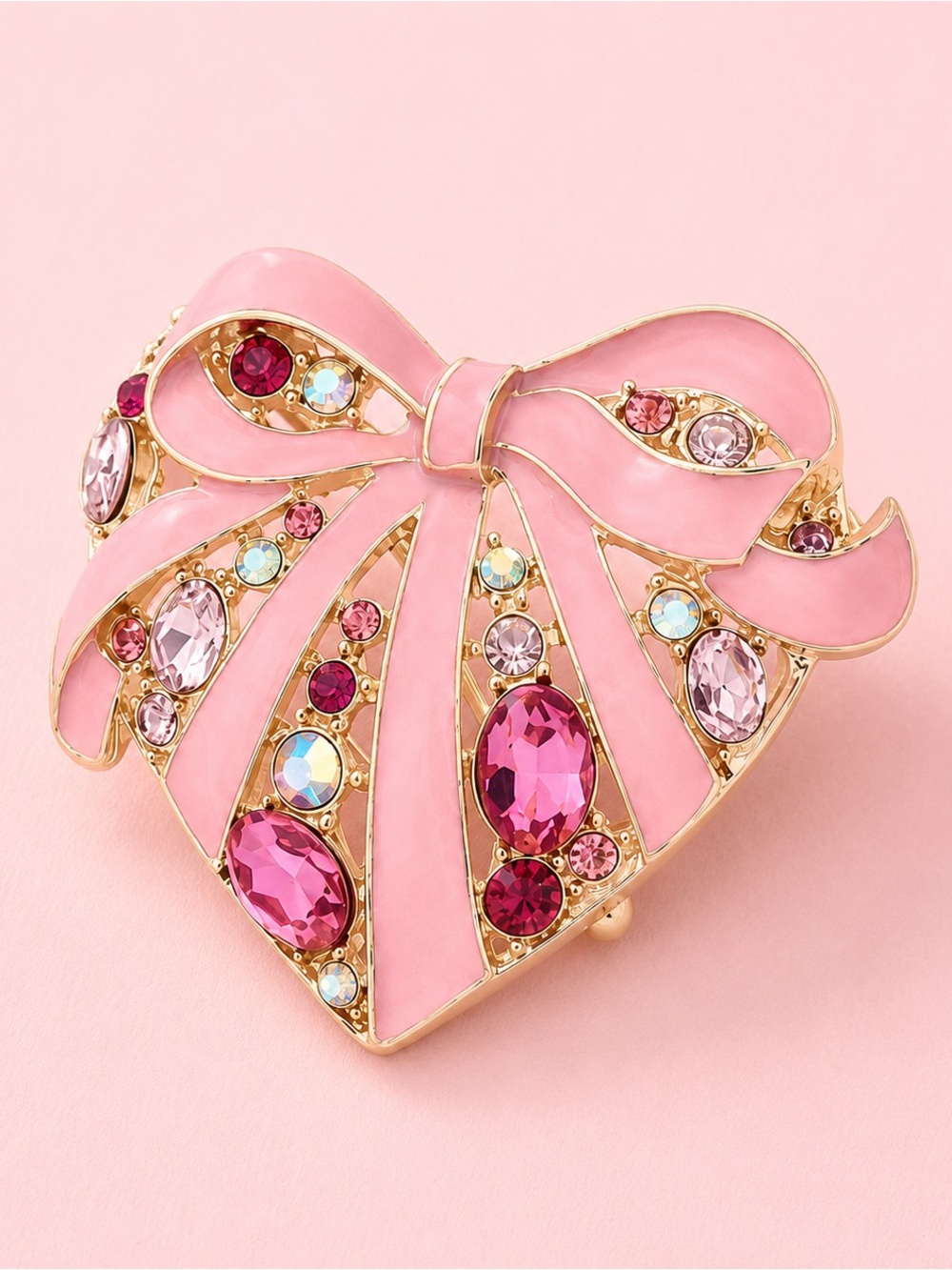 Pink Heart Bow Crystal Brooch